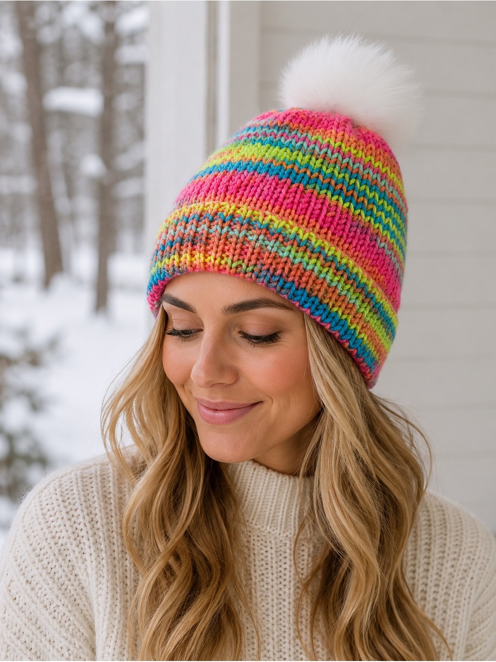 Handmade Rainbow Knit Beanie Sz OS